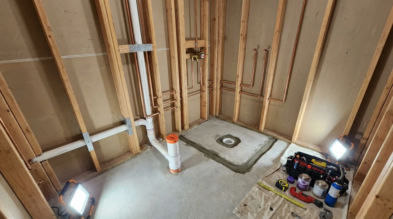 Bathroom rough-in plumbing during remodel by Johns Plumbing LLC in Las Piedras