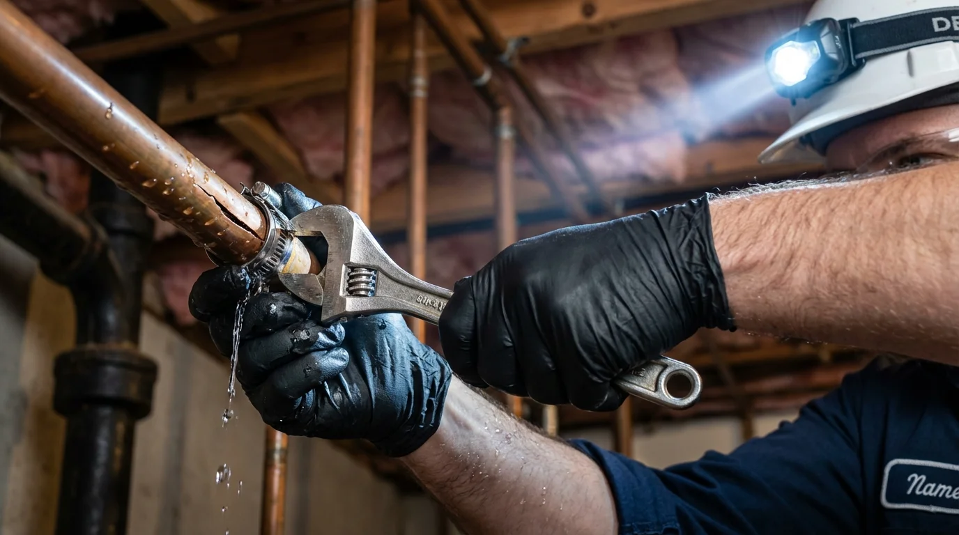 Emergency pipe clamp repair being performed by a Johns Plumbing LLC plumber in Las Piedras