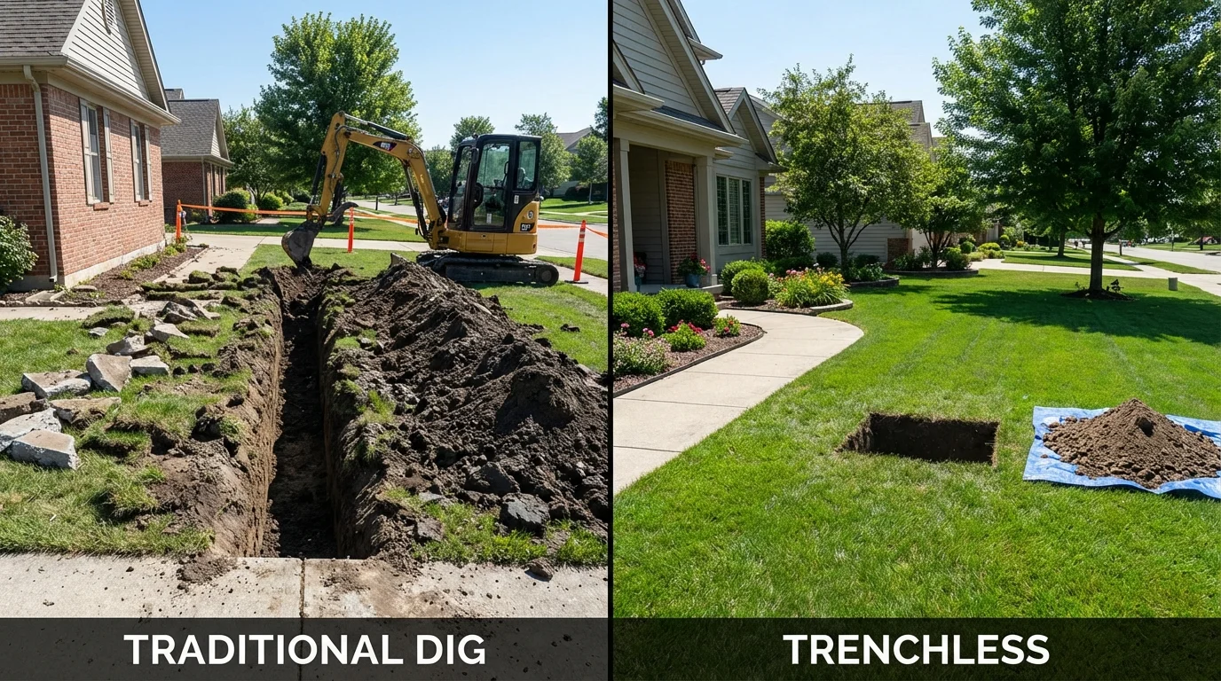 Trenchless sewer repair with minimal yard damage versus traditional excavation in Las Piedras, PR