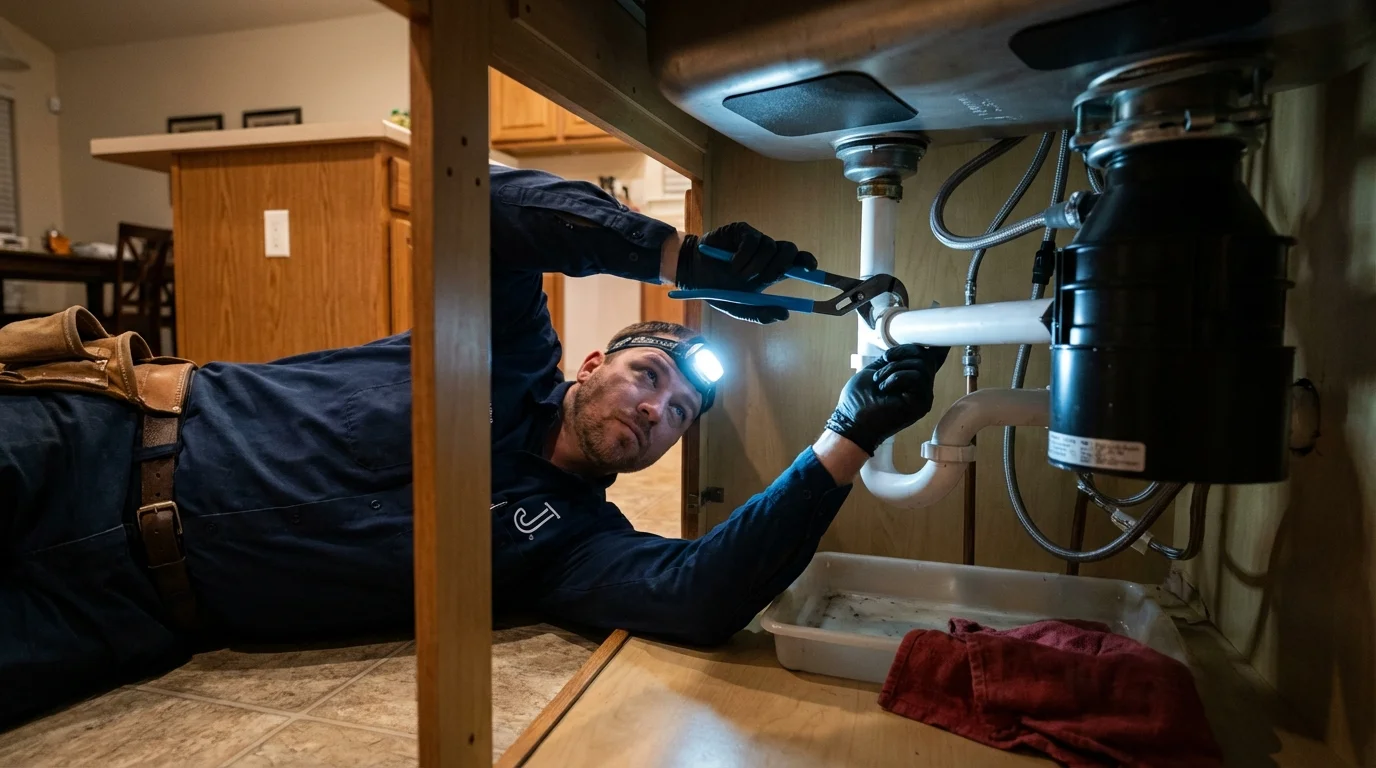 P-trap and supply line connections under a kitchen sink showing a common leak point in Las Piedras, PR